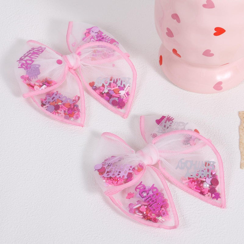 Miroksh Birthday Hair Bows for Girls,2 Pcs 4" Glitter Pink Tulle Shaker Bows Alligator Clips with Happy Birthday Cake Confetti for Teens,Toddlers,Baby, Kids Party Dress Accessory Gift - Image 2