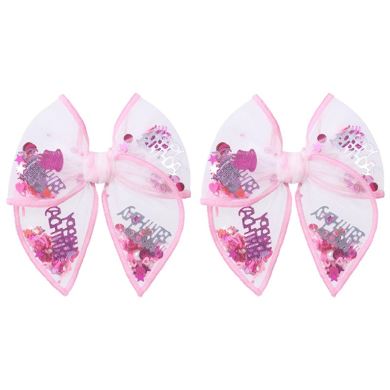 Miroksh Birthday Hair Bows for Girls,2 Pcs 4" Glitter Pink Tulle Shaker Bows Alligator Clips with Happy Birthday Cake Confetti for Teens,Toddlers,Baby, Kids Party Dress Accessory Gift - Image 1