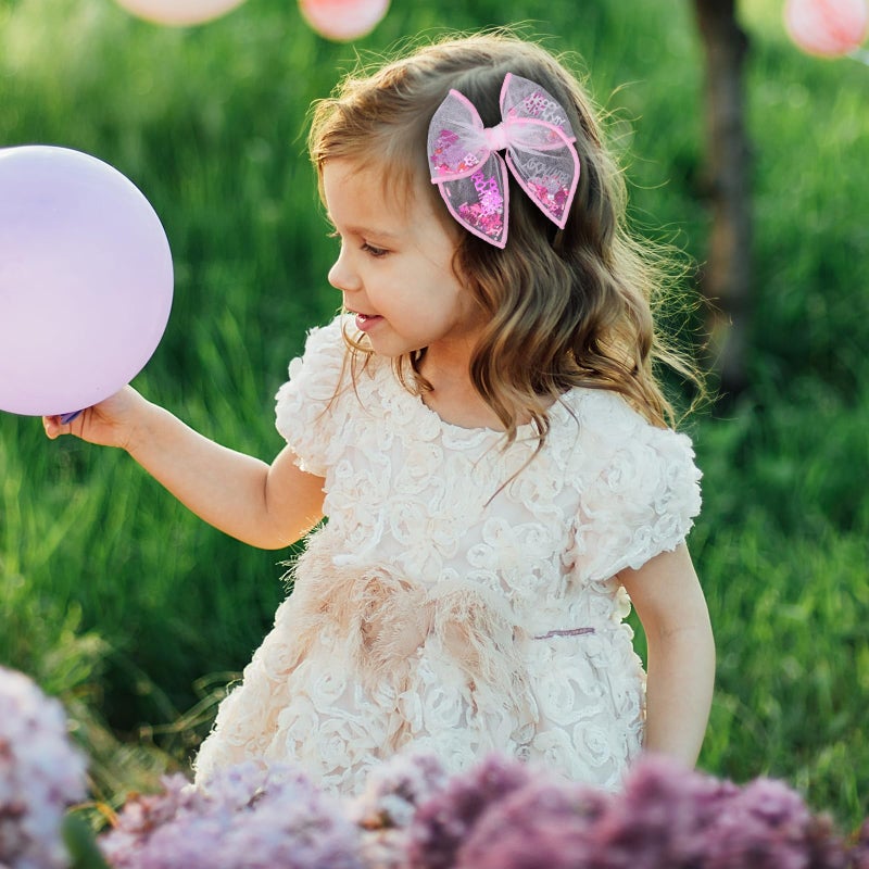 Miroksh Birthday Hair Bows for Girls,2 Pcs 4" Glitter Pink Tulle Shaker Bows Alligator Clips with Happy Birthday Cake Confetti for Teens,Toddlers,Baby, Kids Party Dress Accessory Gift - Image 5