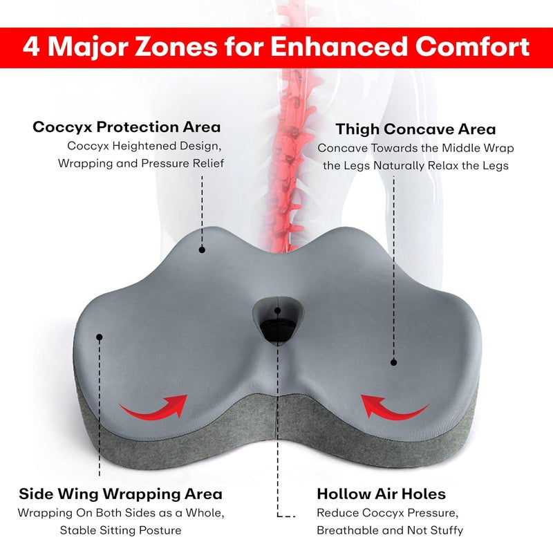 PRIME PICK Coccyx Chair Cushion Memory Foam Tailbone Pillow for Sciatica Lower Back Relief Ergonomic UShape High Density for Hip NonSlip Base Washable Cover Ideal for Office Car Home Grey - Image 3