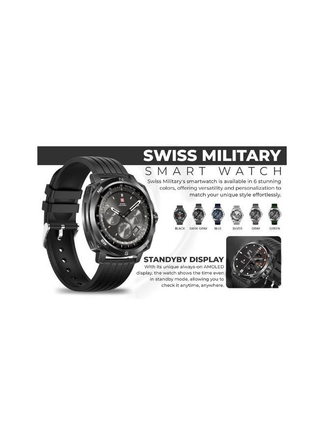 SWISS MILITARY - Dom 4 Smartwatch - 1.43 Inch Amoled, Call Features, Multi Language, Heart Rate/BP/Oxygen Level Monitoring, Wireless Charging, 5-7 Days Battery Life,IP67, Compatibility: iOS/Android- Black - Image 1