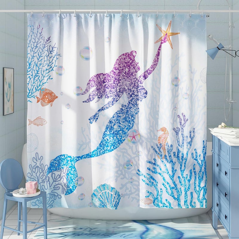 DESIHOM Cute Mermaid Shower Curtain Set  Glitter Fish Scale Girls Shower Curtains for Bathroom Kids Bathroom Decor Polyester Fabric-72"" x 72"" - Image 3