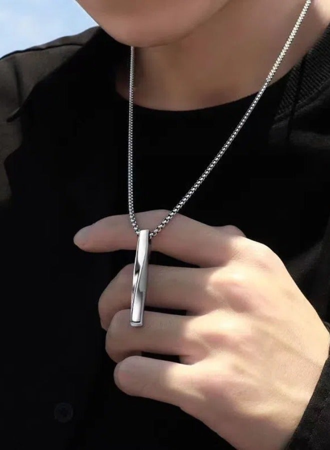 Stylish Spiral Pendant Necklace for Men & Boy - 60cm Stainless Steel Minimalist & Casual Silver Tone Chain, Hypoallergenic & Adjustable,Perfect for Eid, Wedding, Party Wear - Image 1