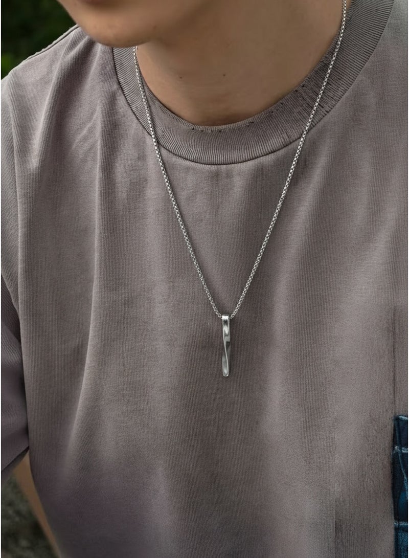 Stylish Spiral Pendant Necklace for Men & Boy - 60cm Stainless Steel Minimalist & Casual Silver Tone Chain, Hypoallergenic & Adjustable,Perfect for Eid, Wedding, Party Wear - Image 2