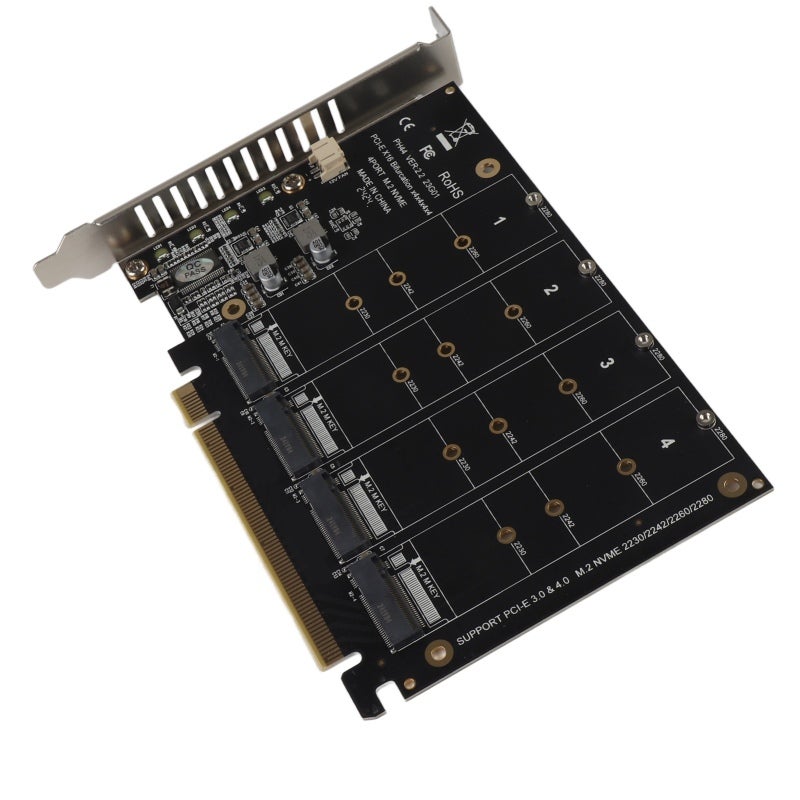 M.2 NVMe SSD Adapter Card: 4 Port PCIe X16 32Gbps Full-Speed - Thicker PCB Stable Interface PCIe 3.0/4.0 RAID Supported Expansion Card for Desktop PC Data Storage - Image 3