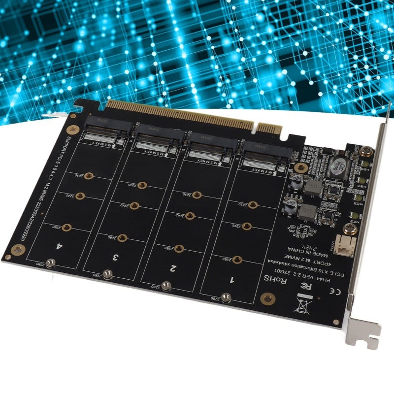 M.2 NVMe SSD Adapter Card: 4 Port PCIe X16 32Gbps Full-Speed - Thicker PCB Stable Interface PCIe 3.0/4.0 RAID Supported Expansion Card for Desktop PC Data Storage - Image 1