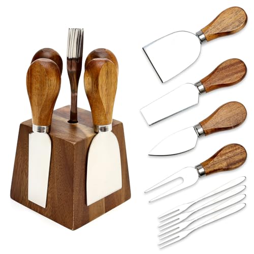 Hilislog 9 Pack Cheese Knives with Holder Acacia Wood Charcuterie Serving Utensils Supplies Cheese Knife Set for Charcuterie Board Accessories Cheese Tools Gift Mini Butter Knife Spreader Slicer Fork - Image 1