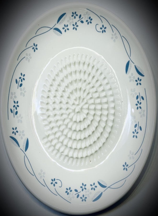 BonCera, All-in-one Premium Ceramic Garlic Grater Plate 4-Piece Set - Classic Flower Line on White Design - For Garlic, Ginger, Chocolate, and more! - Comes with 5.25" Plate, Peeler, Brush, and Stand - Image 3
