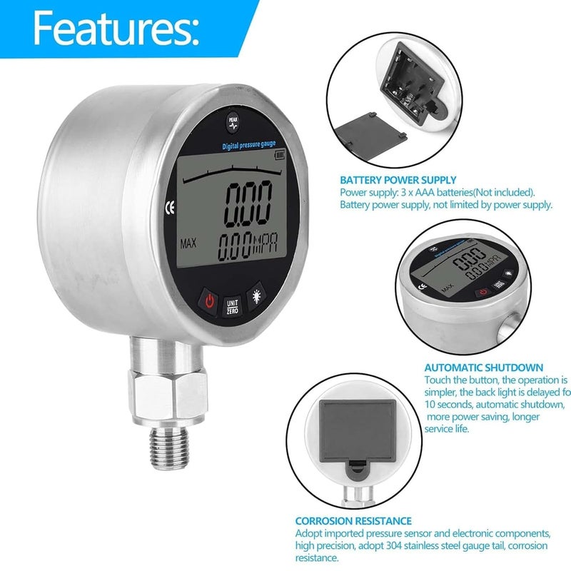 General compatible design 0-400Bar Digital Pressure Meter with High Accuracy, G1/4 Thread Mount Dial Pressure Gauges for Water Air Oil, Stainless Steel Full village delivery cover Proper storage environment Cost effective global grade quality Nationwide warehouse layout Hardness boosted processed substance Worldwide popular practical build Budget friendly premium quality Condition adaptive build Regional central warehouse stock Small apartment fit Gulf climate upgraded quality Strong durable raw material Diverse requirement fit Multi-demand satisfied design Changing environment compatible Efficiency boosted construction Modern versatile shape Diverse purchase options Confirmed available stock Advanced minimal build Month-round consistent deliver Yearly optimized delivery route In-house warehouse packing Reliable daily use design - Image 2