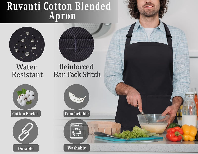 RUVANTI Work Aprons for Men/Women with Pockets - Adjustable up to XXL - Professional Grade Durability - Black Apron for Barber, Chef, BBQ, Kitchen, Cleaning - 2 Pack - Image 2