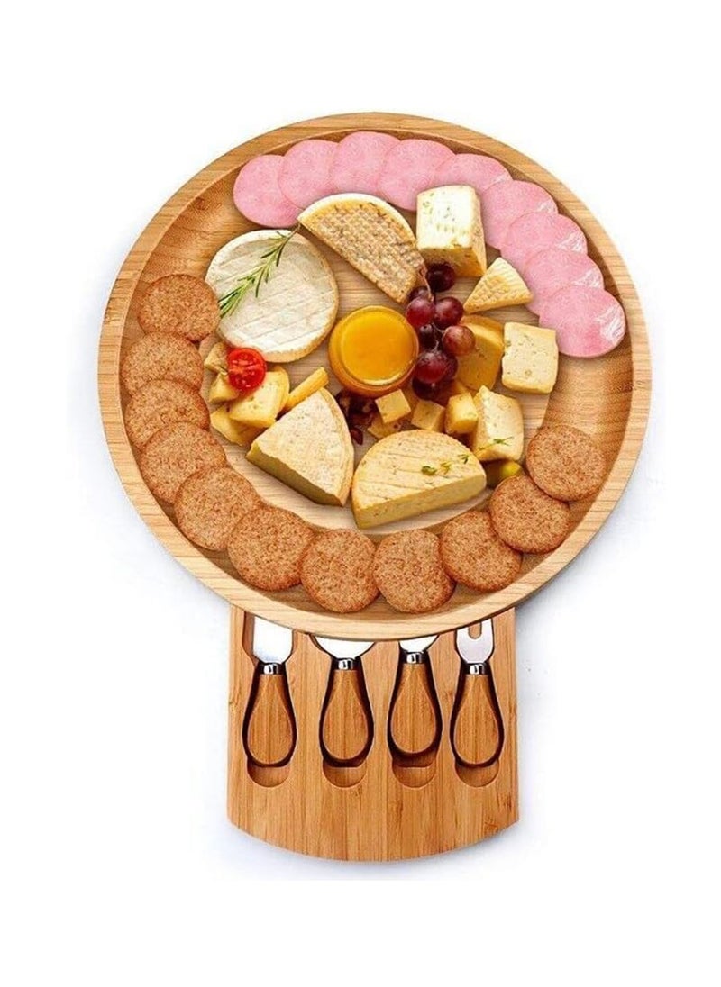 Hihonor - Round Cheese Tray and Charcuterie Board Set. Bamboo Round Cheese Board. Charcuterie Cheese Boards. Charcuterie Boards Gift Set. Wood Cheese Board with Knives Set. Charcuterie Party Platter. - Image 1