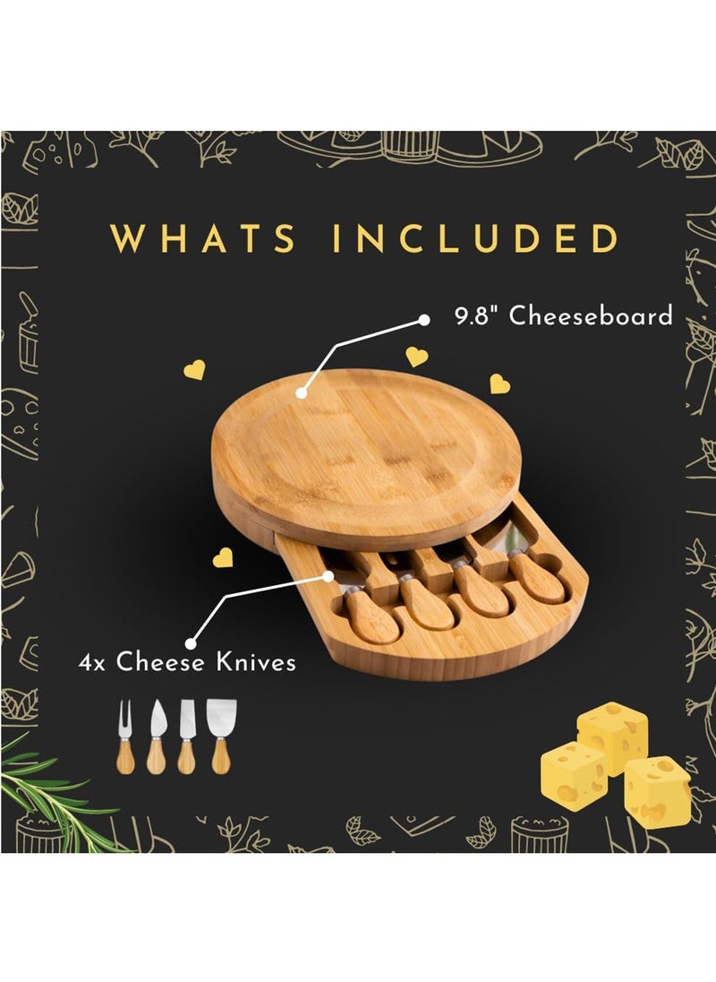 Hihonor - Round Cheese Tray and Charcuterie Board Set. Bamboo Round Cheese Board. Charcuterie Cheese Boards. Charcuterie Boards Gift Set. Wood Cheese Board with Knives Set. Charcuterie Party Platter. - Image 1