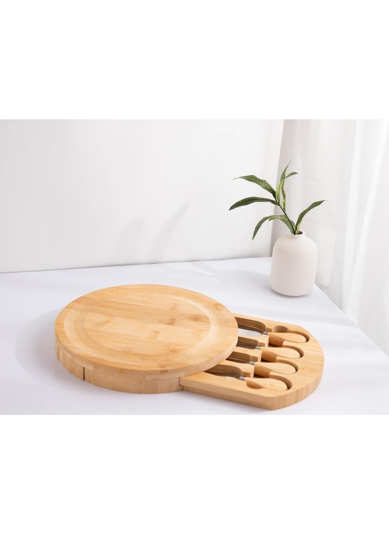 Hihonor - Round Cheese Tray and Charcuterie Board Set. Bamboo Round Cheese Board. Charcuterie Cheese Boards. Charcuterie Boards Gift Set. Wood Cheese Board with Knives Set. Charcuterie Party Platter. - Image 1