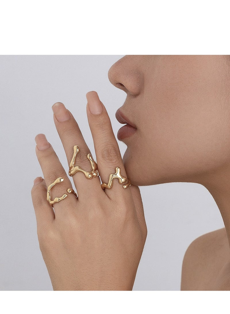 مجموعة خواتم مفتوحة أنيقة من 3 قطع من لافا السائل للنساء - طراز عتيق وبسيط، مصنوعة من خليط معدني، هدية مثالية للأصدقاء، إكسسوار أنيق للحفلات (ذهبي) - Image 2