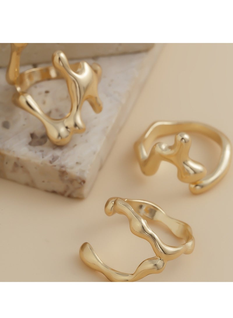 مجموعة خواتم مفتوحة أنيقة من 3 قطع من لافا السائل للنساء - طراز عتيق وبسيط، مصنوعة من خليط معدني، هدية مثالية للأصدقاء، إكسسوار أنيق للحفلات (ذهبي) - Image 1