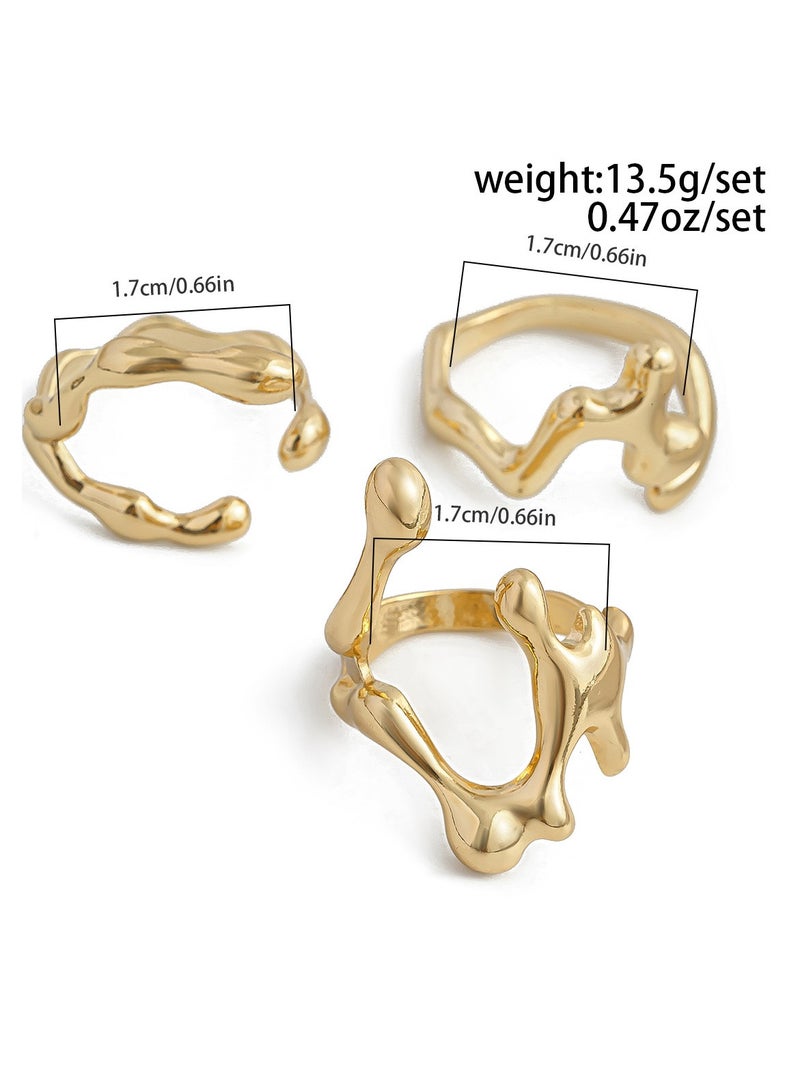 مجموعة خواتم مفتوحة أنيقة من 3 قطع من لافا السائل للنساء - طراز عتيق وبسيط، مصنوعة من خليط معدني، هدية مثالية للأصدقاء، إكسسوار أنيق للحفلات (ذهبي) - Image 3