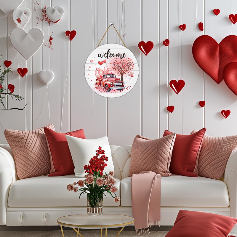 YUNKKIN Valentines Day Door Decorations Red Truck Valentines Day Wall Decor Wooden Wreaths for Front Door Hanger Welcome Sign Hanging Decorations for Porch Wall Indoor Home Decor - Image 4