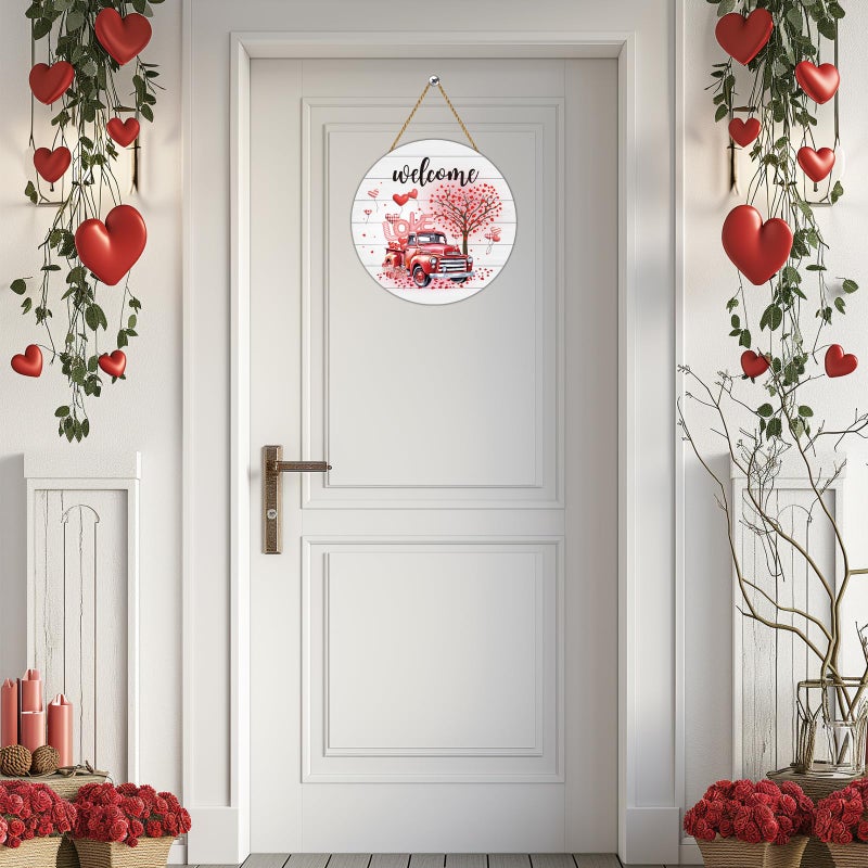 YUNKKIN Valentines Day Door Decorations Red Truck Valentines Day Wall Decor Wooden Wreaths for Front Door Hanger Welcome Sign Hanging Decorations for Porch Wall Indoor Home Decor - Image 3