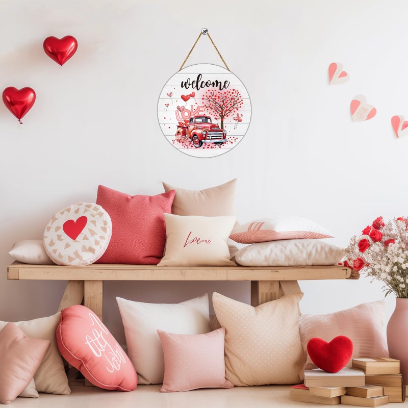 YUNKKIN Valentines Day Door Decorations Red Truck Valentines Day Wall Decor Wooden Wreaths for Front Door Hanger Welcome Sign Hanging Decorations for Porch Wall Indoor Home Decor - Image 5