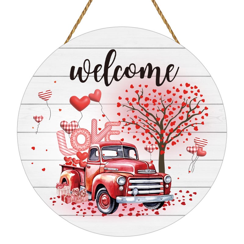 YUNKKIN Valentines Day Door Decorations Red Truck Valentines Day Wall Decor Wooden Wreaths for Front Door Hanger Welcome Sign Hanging Decorations for Porch Wall Indoor Home Decor - Image 1
