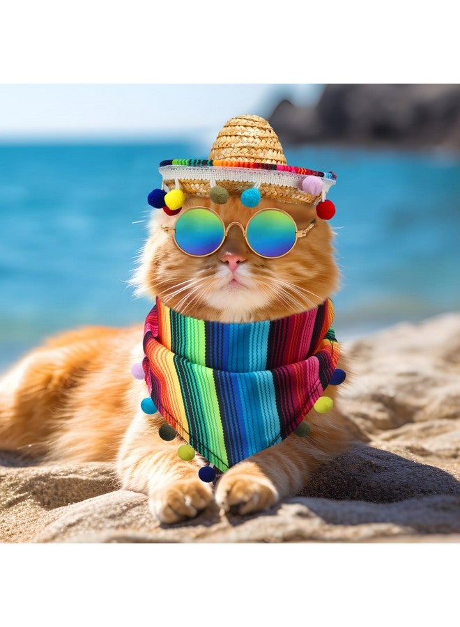 JaGely 3 Pcs Mexican Dog Costume Multicolor Cinco De Mayo Fiesta Cat Bandana with Pom Poms Porch Goose Outfits Mini Sombrero Mexican Hats Retro Pet Sunglasses Costume Accessories for Small Dog and Cat - Image 5