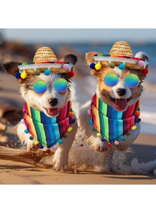 JaGely 3 Pcs Mexican Dog Costume Multicolor Cinco De Mayo Fiesta Cat Bandana with Pom Poms Porch Goose Outfits Mini Sombrero Mexican Hats Retro Pet Sunglasses Costume Accessories for Small Dog and Cat - Image 4