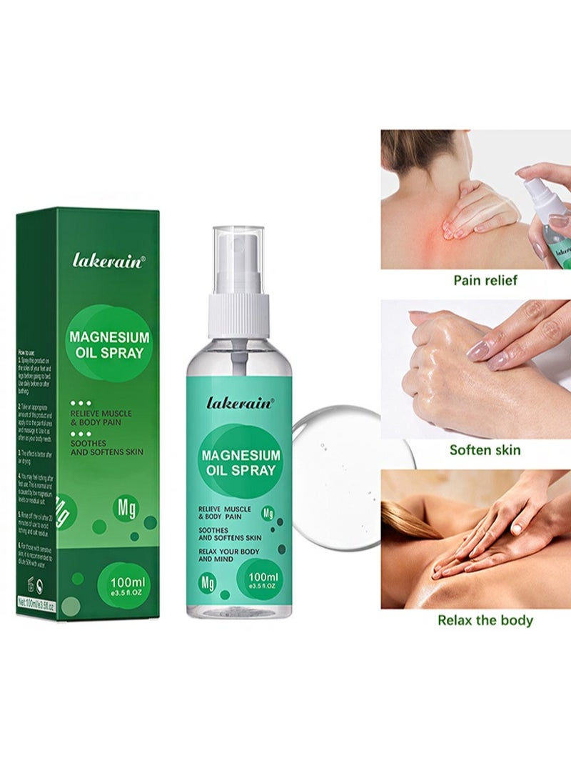 lakerain - Magnesium Oil Spray，Mineral Essential Massage Oil Multi-Use Improve Sleep Reduce Stress Soothes Skin Relieve Pain（100ml） - Image 1
