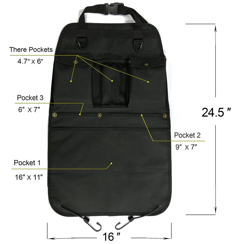 BEATUNEE Black Car Seat Back Organizer with Multiple Pockets and Hooks - Image 4