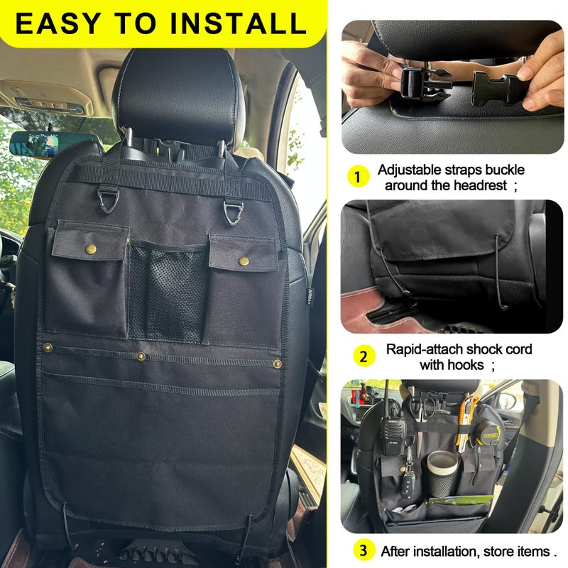 BEATUNEE Black Car Seat Back Organizer with Multiple Pockets and Hooks - Image 5