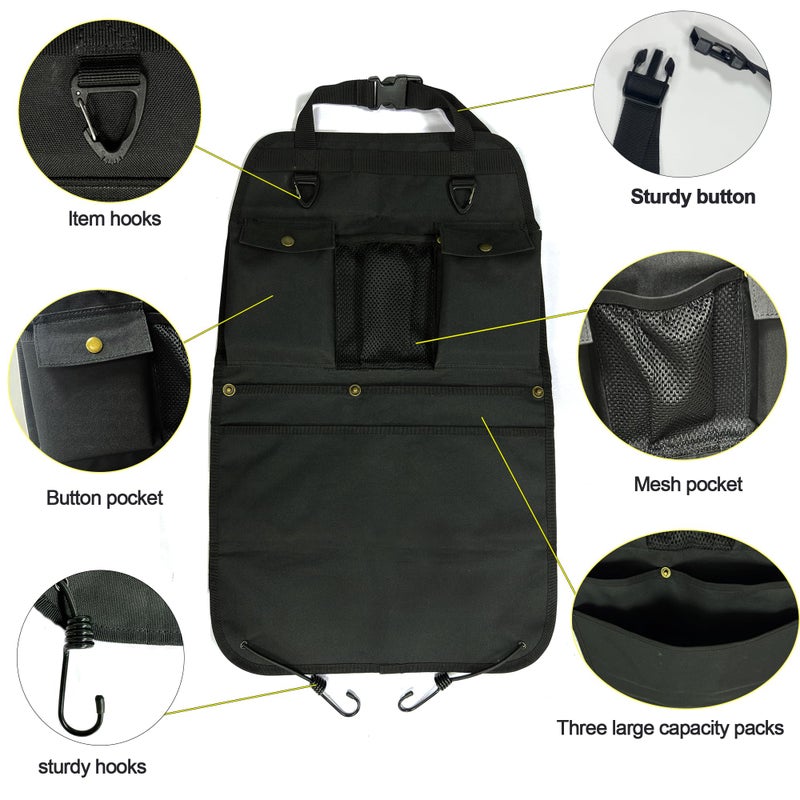 BEATUNEE Black Car Seat Back Organizer with Multiple Pockets and Hooks - Image 3