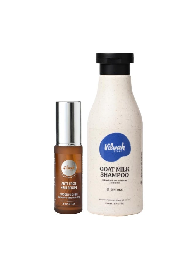 Vilvah STORE Shampoo & Hair Serum Combo | Goat Milk Shampoo 250ml + Anti-Frizz Hair Serum 30ml | Hydrates, Smoothens Frizz & Adds Shine | Colour-Safe, Strengthens Hair | For All Hair Types - Image 1