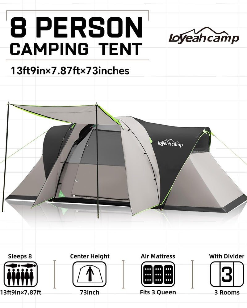 LOYEAHCAMP 8 Person Larger Extended Dome Camping Tent with 3 Rooms, Waterproof Semi-Freestanding Family Outdoor Tent with Porch and Spacious Interior - Image 2