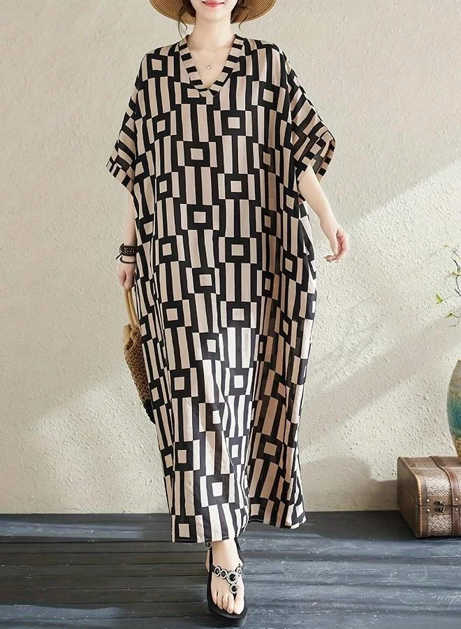 تايك تو كفتان نسائي بطبعة هندسية ورقبة على شكل  وأكمام قصيرة