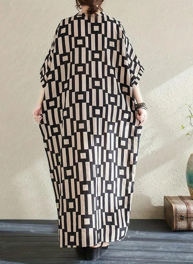 تايك تو كفتان نسائي بطبعة هندسية ورقبة على شكل  وأكمام قصيرة