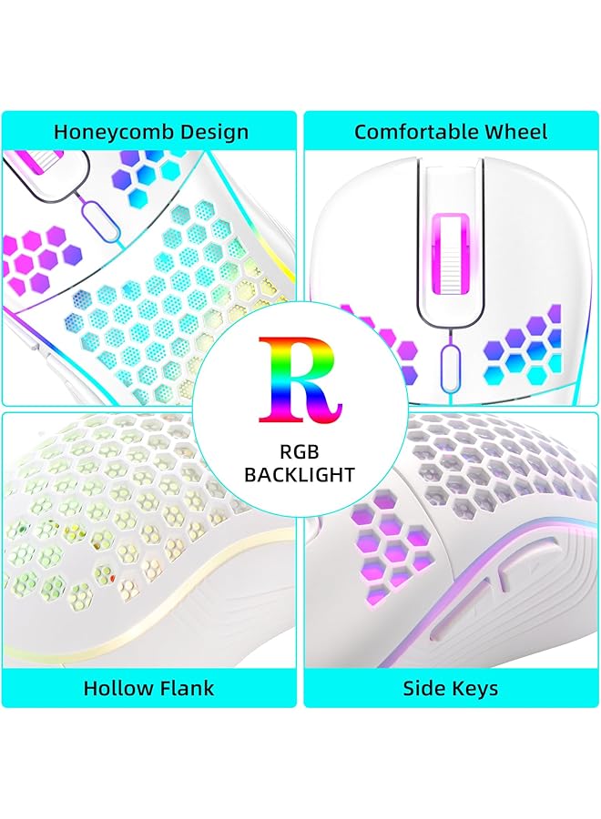 ماوس ألعاب لاسلكي 2.4 جيجاهرتز USB لاسلكي قابل لإعادة الشحن بإضاءة خلفية RGB ماوس لاسلكي خفيف الوزن ومريح لأجهزة الكمبيوتر الشخصية وأجهزة الكمبيوتر المحمولة (أبيض) - Image 4
