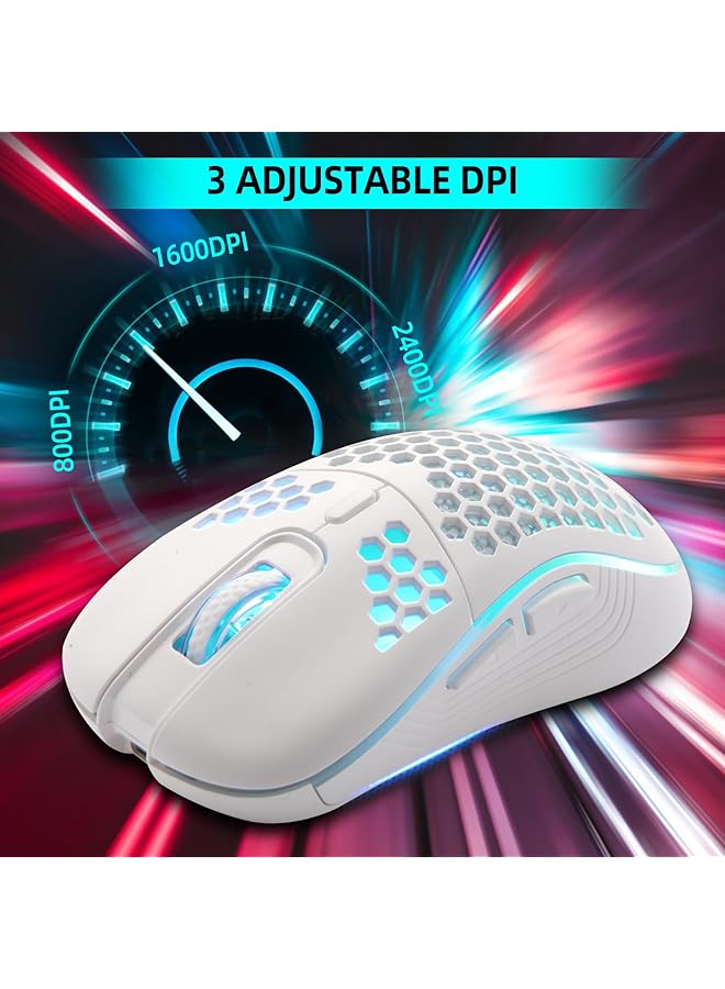 ماوس ألعاب لاسلكي 2.4 جيجاهرتز USB لاسلكي قابل لإعادة الشحن بإضاءة خلفية RGB ماوس لاسلكي خفيف الوزن ومريح لأجهزة الكمبيوتر الشخصية وأجهزة الكمبيوتر المحمولة (أبيض) - Image 3