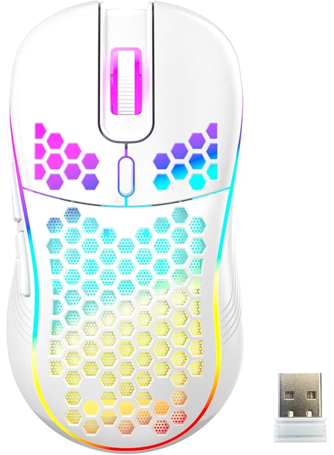 ماوس ألعاب لاسلكي 2.4 جيجاهرتز USB لاسلكي قابل لإعادة الشحن بإضاءة خلفية RGB ماوس لاسلكي خفيف الوزن ومريح لأجهزة الكمبيوتر الشخصية وأجهزة الكمبيوتر المحمولة (أبيض) - Image 1