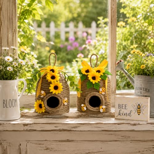 nuvagiki 2 Pack Bee Hive Decor, Farmhouse Bee Decorations with Sunflower, Rustic Bumble Bee Tiered Tray Decor for Kitchen Table, Spring Summer Home Decor - Image 5