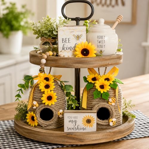 nuvagiki 2 Pack Bee Hive Decor, Farmhouse Bee Decorations with Sunflower, Rustic Bumble Bee Tiered Tray Decor for Kitchen Table, Spring Summer Home Decor - Image 4