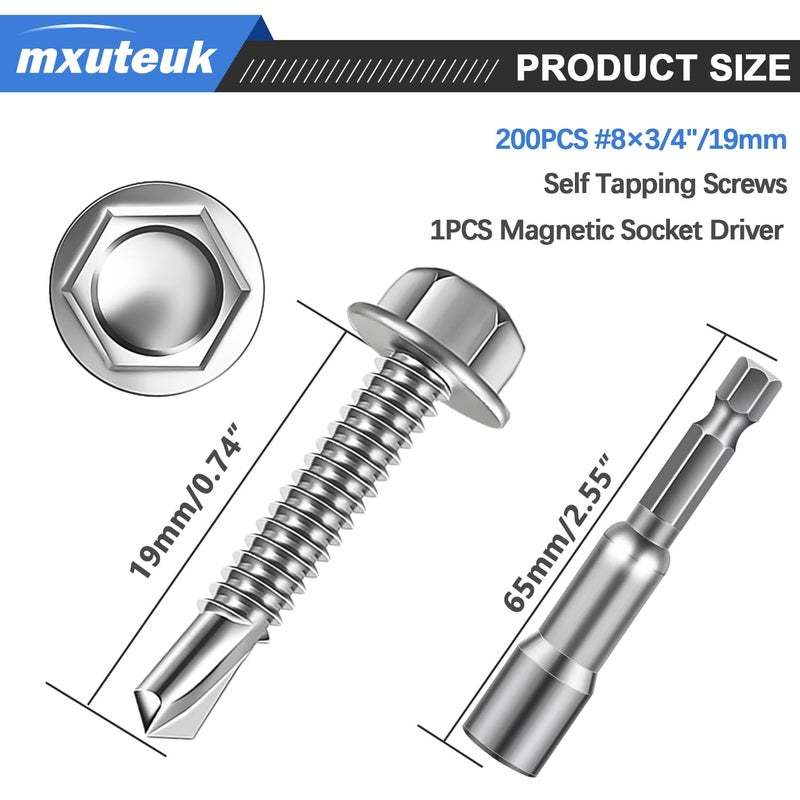 mxuteuk #8×3/4" براغي ذاتية الثقب من الفولاذ المقاوم للصدأ 410، براغي ذاتية الثقب للمعادن، براغي حفر ذاتية، براغي معدنية برأس غسالة سداسية مناسبة للخشب أو المعادن أو المواد الصلبة (200 قطعة) - Image 2