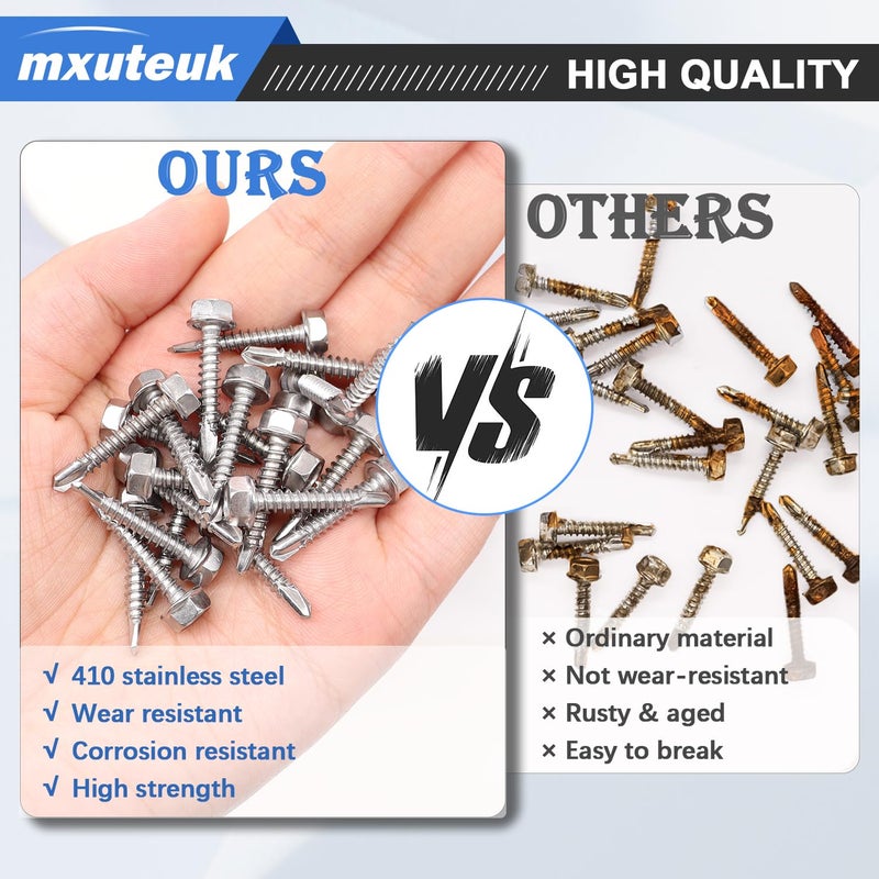 mxuteuk #8×3/4" براغي ذاتية الثقب من الفولاذ المقاوم للصدأ 410، براغي ذاتية الثقب للمعادن، براغي حفر ذاتية، براغي معدنية برأس غسالة سداسية مناسبة للخشب أو المعادن أو المواد الصلبة (200 قطعة) - Image 4