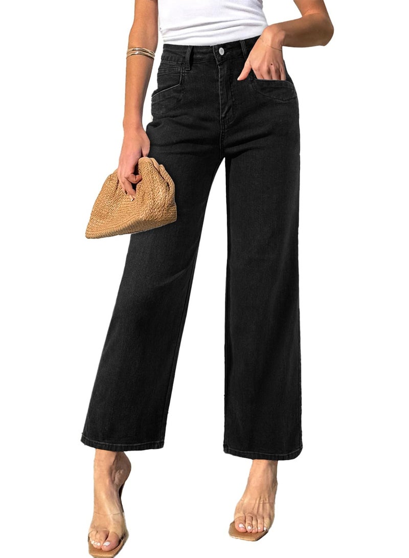 Sidefeel Jeans for Women Wide Leg High Waisted Stretchy Jeans Straight Leg Zimbaplatinum Ankle Denim Pants with Slant Pockets Black Size 8 - Image 1