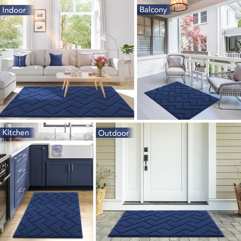 hicorfe Indoor Doormat,Front Back Door Mat Rubber Backing Non Slip Door Mats 24"x35" Absorbent Resist Dirt Entrance Doormat Inside Floor Mats for Entryway Washable Low-Profile (Navy Blue) - Image 2