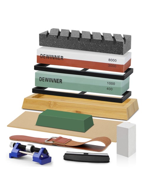 Knife Sharpening Stone Includes 4 Side Grit 400/1000 3000/8000 with Non-Slip Bamboo Base, Angle Guide, Polishing Compound, Leather Strop, Flattening Kit