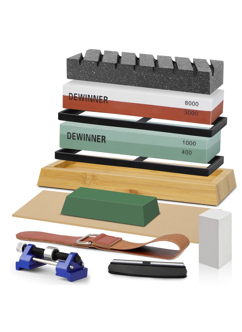 DEWINNER Knife Sharpening Stone Includes 4 Side Grit 400/1000 3000/8000 with Non-Slip Bamboo Base, Angle Guide, Polishing Compound, Leather Strop, Flattening Kit  - Image 1