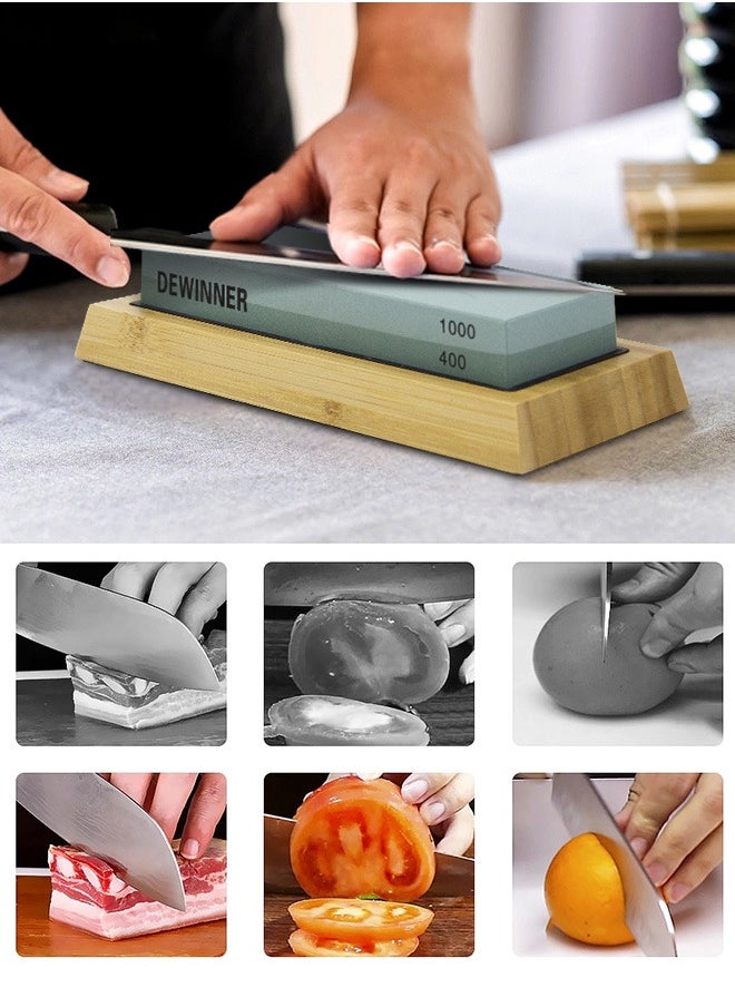 DEWINNER Knife Sharpening Stone Includes 4 Side Grit 400/1000 3000/8000 with Non-Slip Bamboo Base, Angle Guide, Polishing Compound, Leather Strop, Flattening Kit  - Image 5