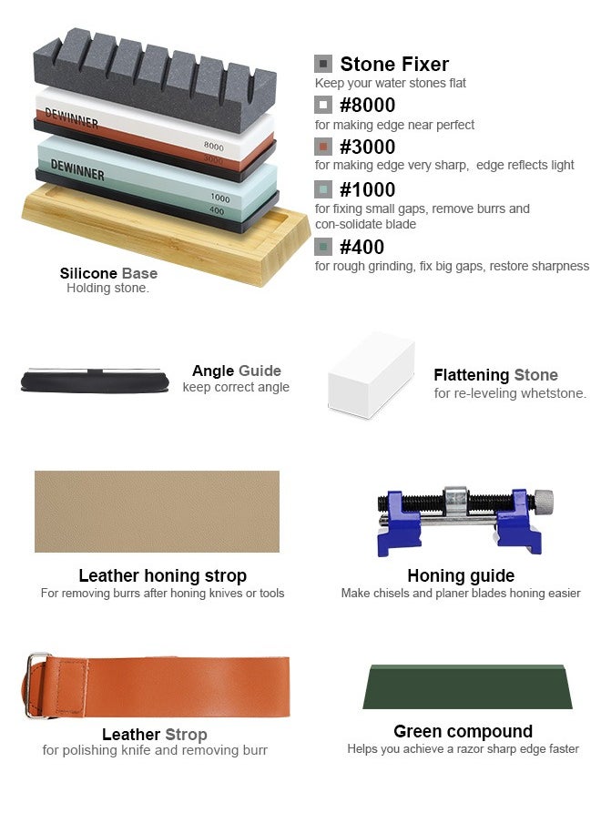 DEWINNER Knife Sharpening Stone Includes 4 Side Grit 400/1000 3000/8000 with Non-Slip Bamboo Base, Angle Guide, Polishing Compound, Leather Strop, Flattening Kit  - Image 2