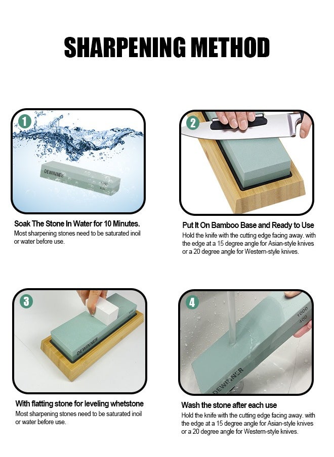 DEWINNER Knife Sharpening Stone Includes 4 Side Grit 400/1000 3000/8000 with Non-Slip Bamboo Base, Angle Guide, Polishing Compound, Leather Strop, Flattening Kit  - Image 4