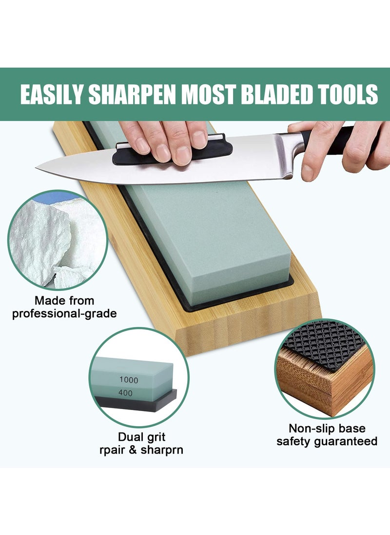 DEWINNER Knife Sharpening Stone Includes 4 Side Grit 400/1000 3000/8000 with Non-Slip Bamboo Base, Angle Guide, Polishing Compound, Leather Strop, Flattening Kit  - Image 3
