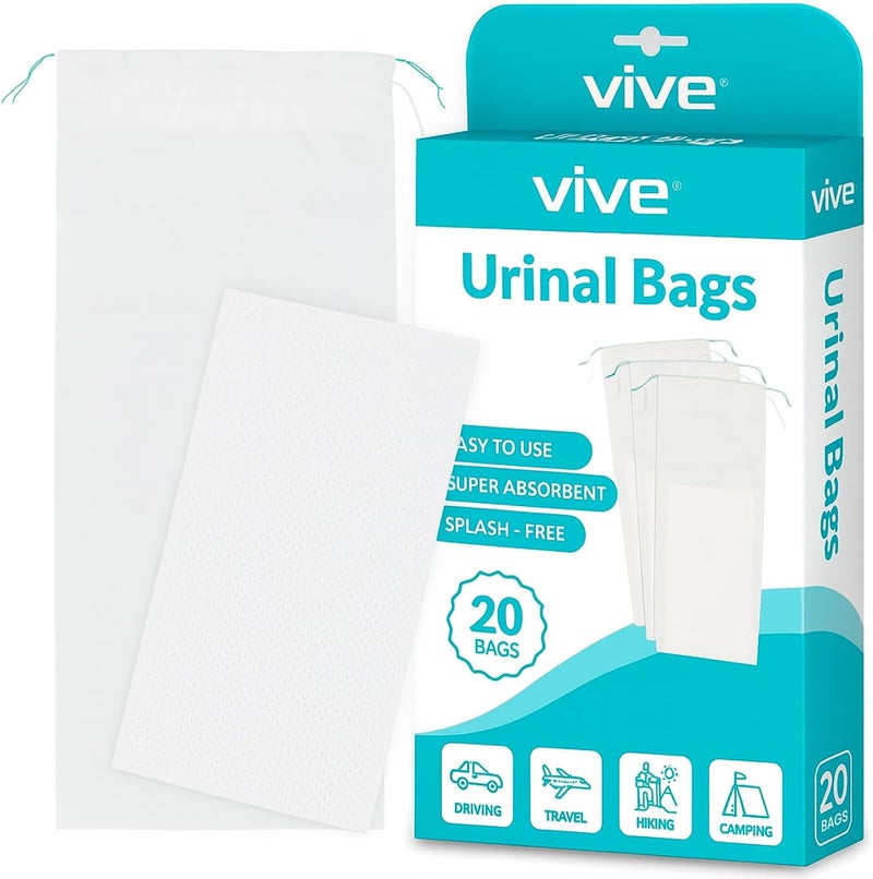 VIVE أكياس بول قابلة للتصرف (20 قطعة) - أكياس بول للطوارئ، التخييم والسفر بالسيارة - وعاء بول للسفر للرجال والنساء - أكياس جمع البول المحمولة - كيس بول مضاد للتسرب - مجموعة كيس بول للطوارئ - Image 1